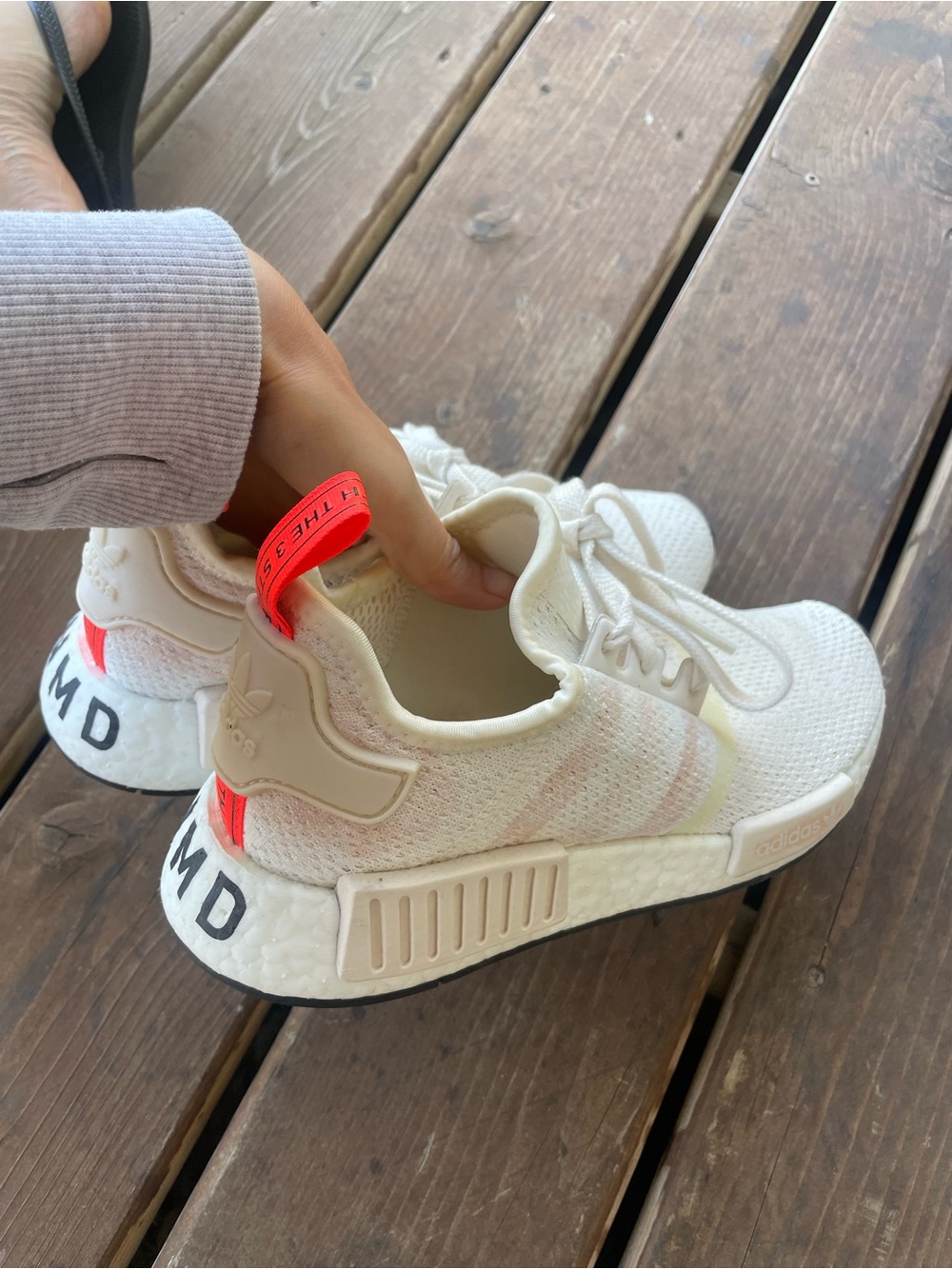adidas NMD R1 Casual Sneakers in Off-White with Pink Accent